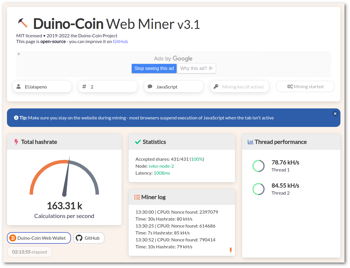 Duinocoin mining in the browser (JavaScript: TV, smartphone, etc.)