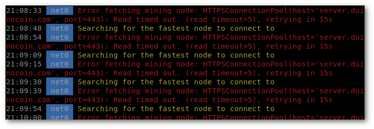 DUCO: Felmeddelande 'Server Timeout', (host='server.duinocoin.com', port=443)